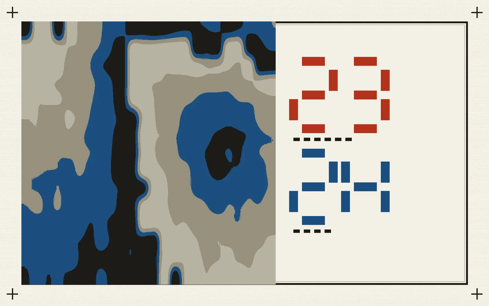Illustrated data panel with banded contour terrain on the left and large block numerals 23 and 2X on the right