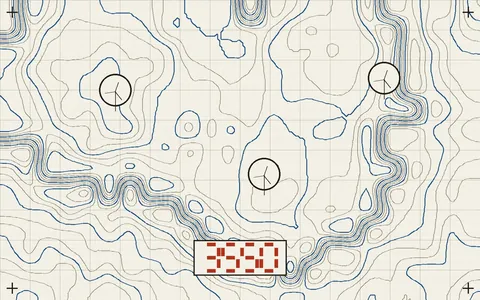 Topographic-style map illustration with contour lines, three ringed wind turbine markers, and the block numerals 3550